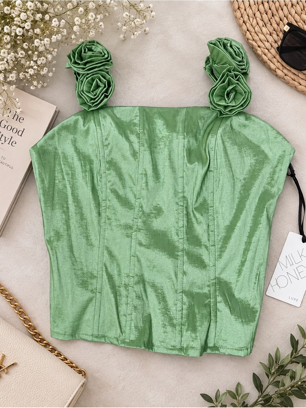 Strapless Rose-Accent Satin Bustier Top in Light Green